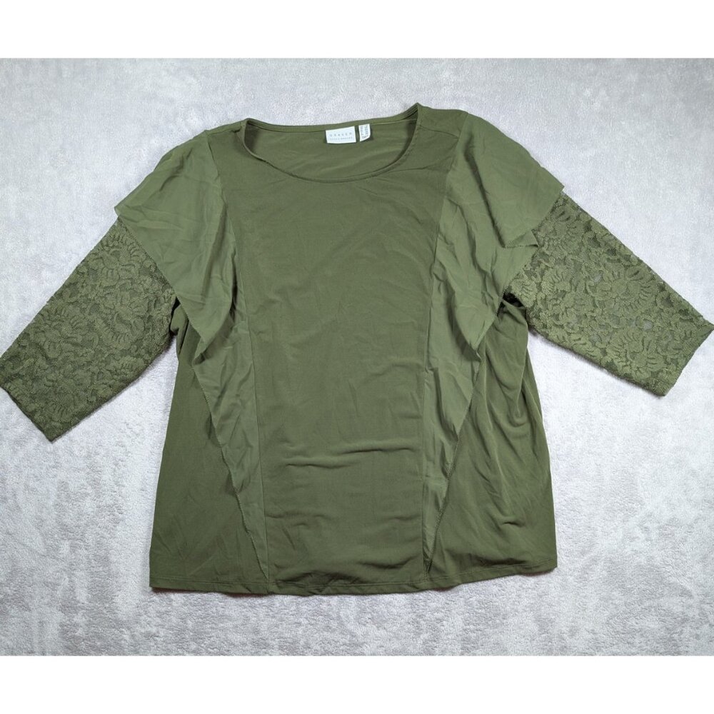 Susan Graver Knit Top Womens Size 2X Lace Sleeve Ruffle Front Green Blouse